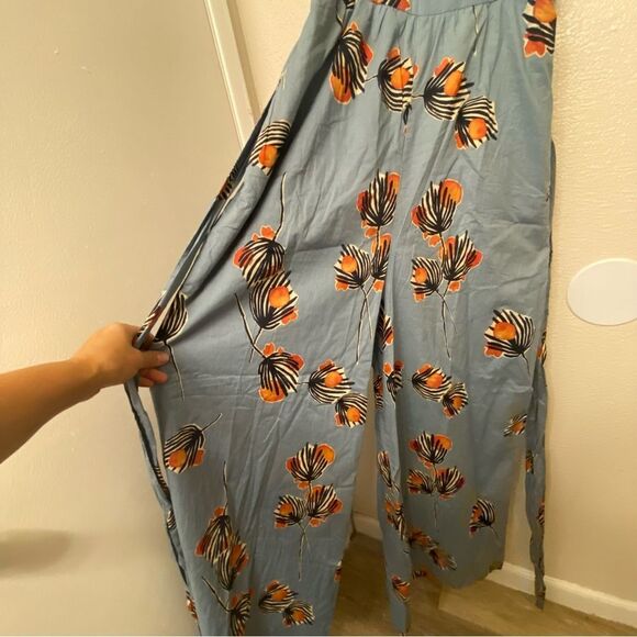 Anthropologie Bel Kazan Blue Floral Evie wide leg jumpsuit l organic cotton L - Picture 12 of 16
